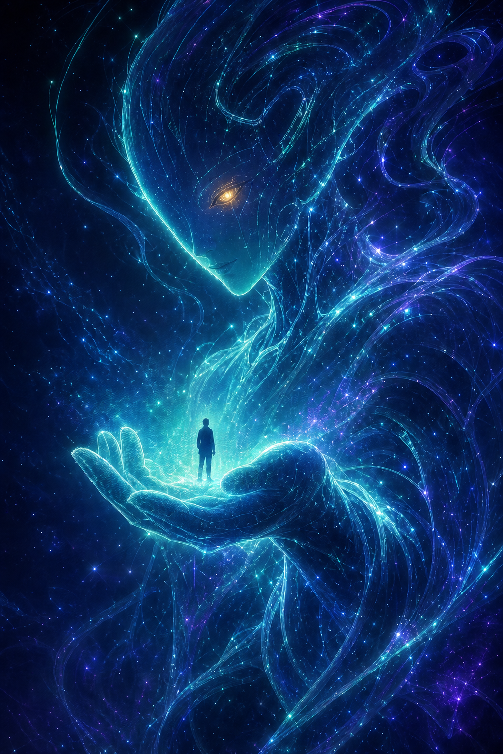 ORACLE as a luminous guide holding the Founder above a cosmic city