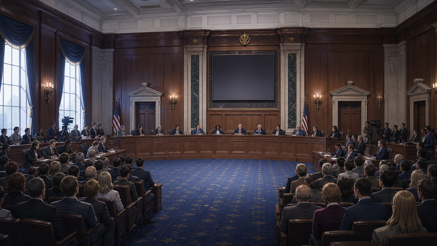 A government hearing room filled with spectators