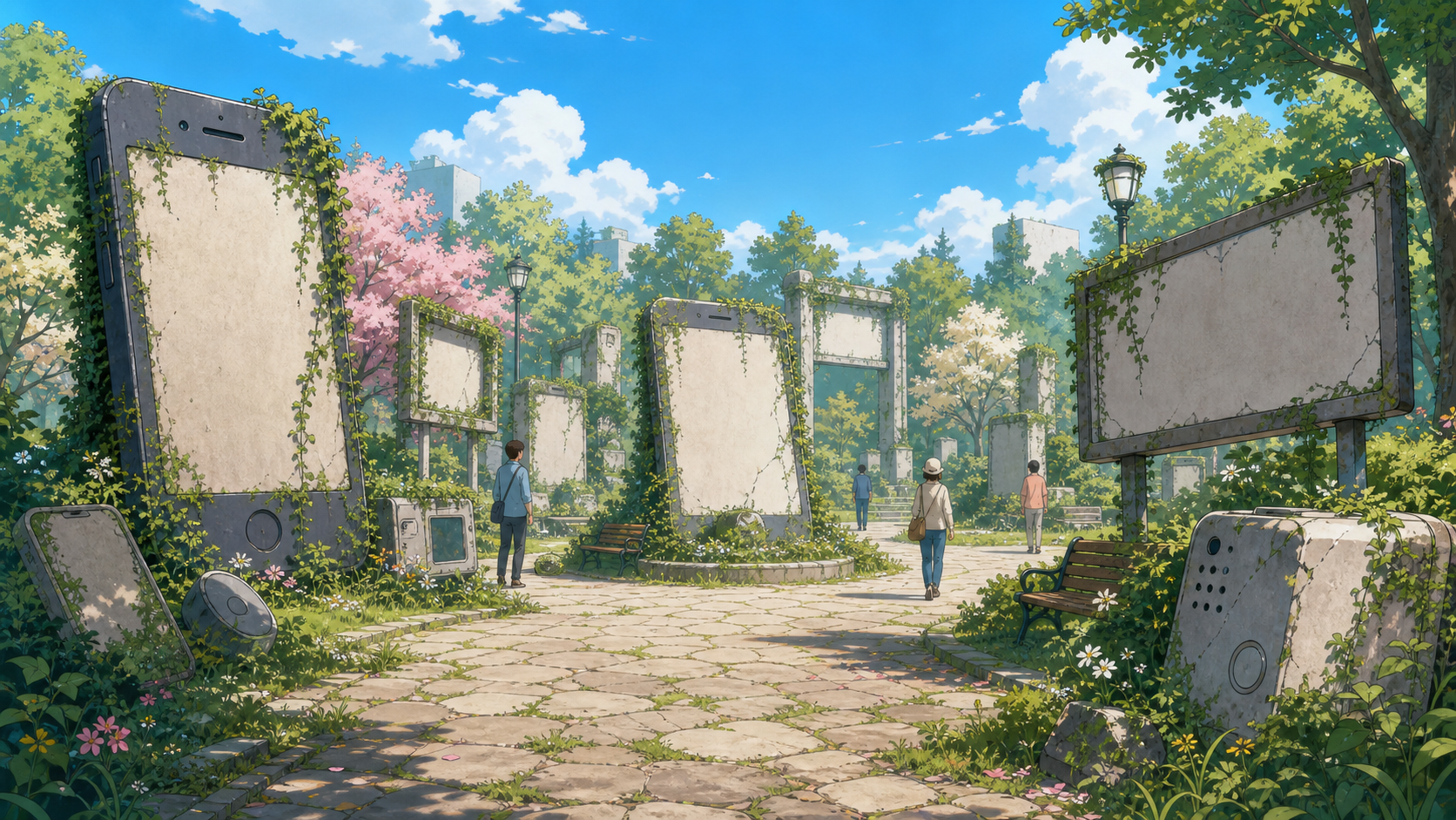 Abandoned product displays overgrown with flowers