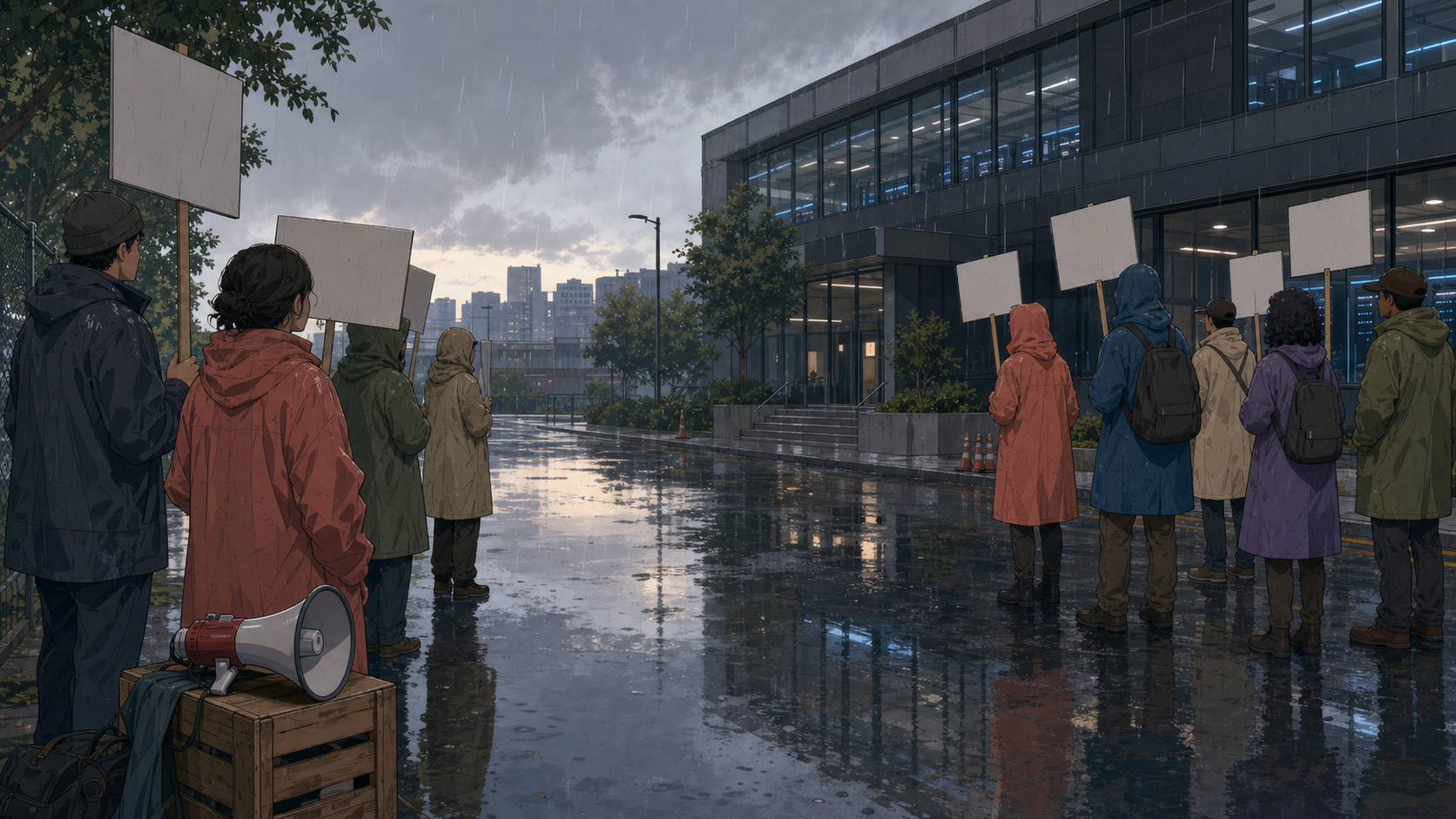AI protesters gathering outside in the rain